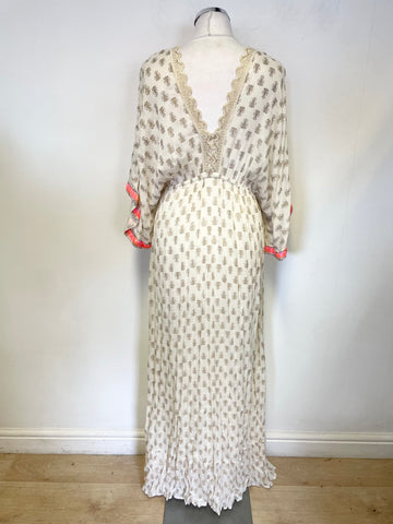 UNBRANDED CREAM & GOLD EMBROIDERED TRIM SHORT SLEEVE MAXI BEACH DRESS FREE SIZE