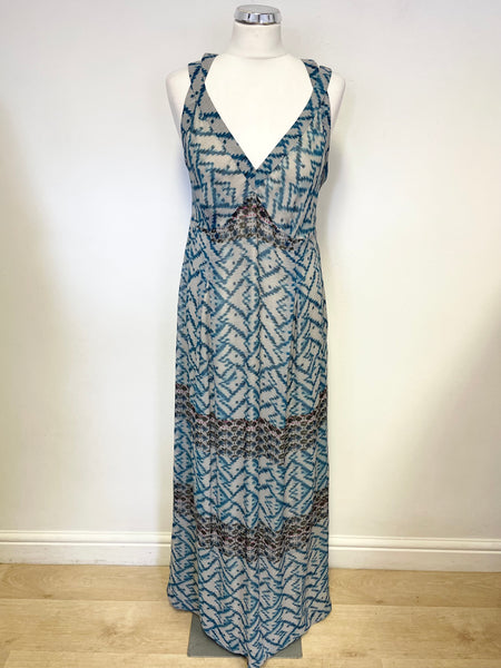 JIGSAW TURQUOISE BLUE & IVORY PRINT 100% SILK FINE STRAP MAXI DRESS  SIZE 12