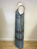 JIGSAW TURQUOISE BLUE & IVORY PRINT 100% SILK FINE STRAP MAXI DRESS  SIZE 12