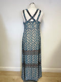 JIGSAW TURQUOISE BLUE & IVORY PRINT 100% SILK FINE STRAP MAXI DRESS  SIZE 12