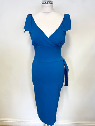 BRAND NEW DIVA CATWALK BLUE V NECK TIE TRIMS SLEEVELESS BODYCON DRESS SIZE M