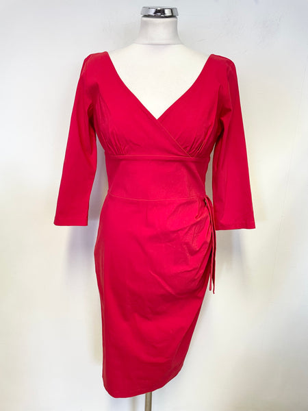 HYBRID RED V NECKLINE SIDE TIE 3/4 SLEEVE BODYCON DRESS SIZE 16