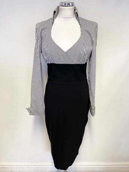 DIVA BLACK & WHITE STRIPED COLLARED LONG SLEEVED TOP BODYCON DRESS SIZE 14