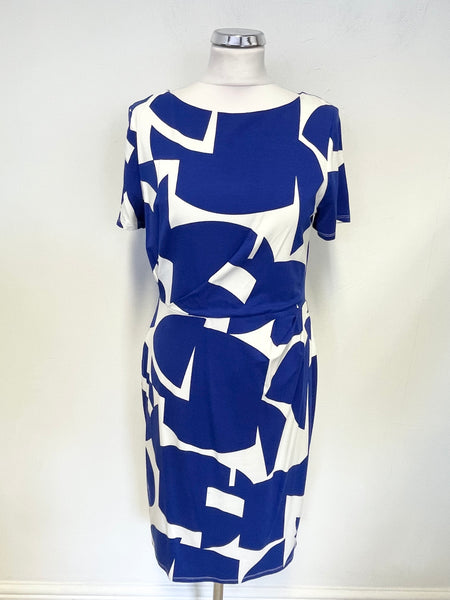 PHASE EIGHT ROYAL BLUE & WHITE PRINT SHORT SLEEVED STRETCH JERSEY DRESS SIZE 14