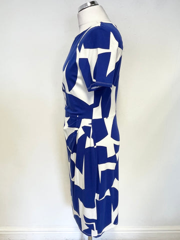 PHASE EIGHT ROYAL BLUE & WHITE PRINT SHORT SLEEVED STRETCH JERSEY DRESS SIZE 14