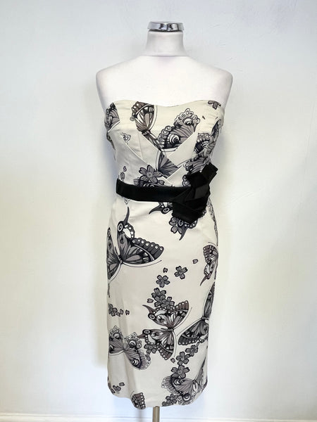 KAREN MILLEN CREAM BUTTERFLY PRINT STRAPLESS PENCIL DRESS SIZE 12