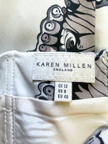 KAREN MILLEN CREAM BUTTERFLY PRINT STRAPLESS PENCIL DRESS SIZE 12