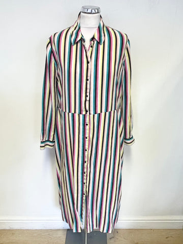 PURE COLLECTION MULTI COLOURED STRIPE LONG SLEEVED LINEN SHIRT DRESS SIZE 16