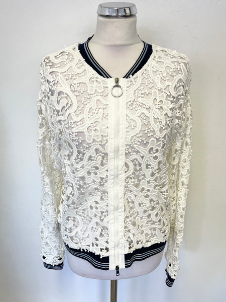 MARCCAIN SPORTS WHITE LACE ROUND NECK FRONT ZIP TOP SIZE N4 UK 14