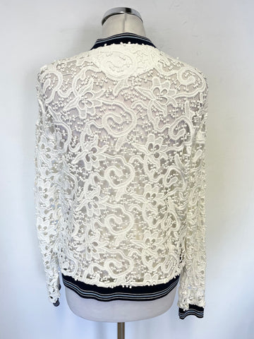 MARCCAIN SPORTS WHITE LACE ROUND NECK FRONT ZIP TOP SIZE N4 UK 14