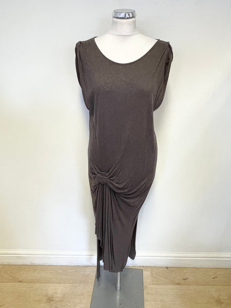 ALL SAINTS RIVIERA BROWN DRAPED FRONT SLEEVELESS JERSEY DRESS SIZE L