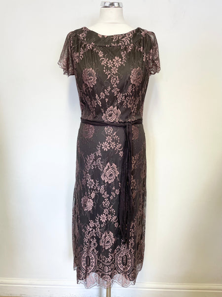 NANCYMAC BROWN & PINK LACE CAP SLEEVED MIDI DRESS SIZE 2 UK 12