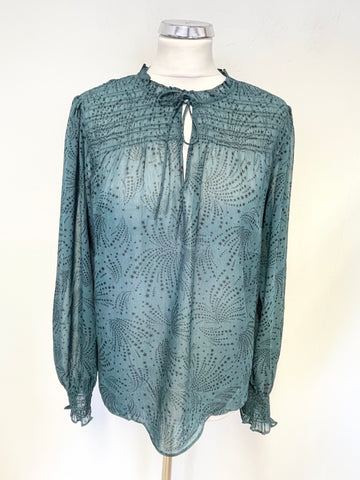 HUSH DARK GREEN & BLACK STAR PRINT LONG SLEEVED BLOUSE SIZE 12