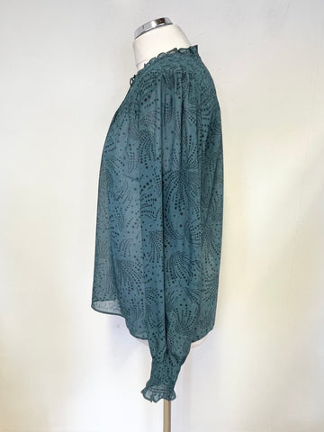 HUSH DARK GREEN & BLACK STAR PRINT LONG SLEEVED BLOUSE SIZE 12