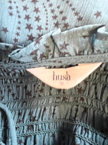 HUSH DARK GREEN & BLACK STAR PRINT LONG SLEEVED BLOUSE SIZE 12