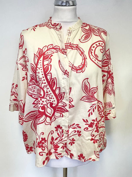 SMITH & SOUL CREAM & RED PRINT SHORT SLEEVE COLLARLESS SHIRT SIZE S