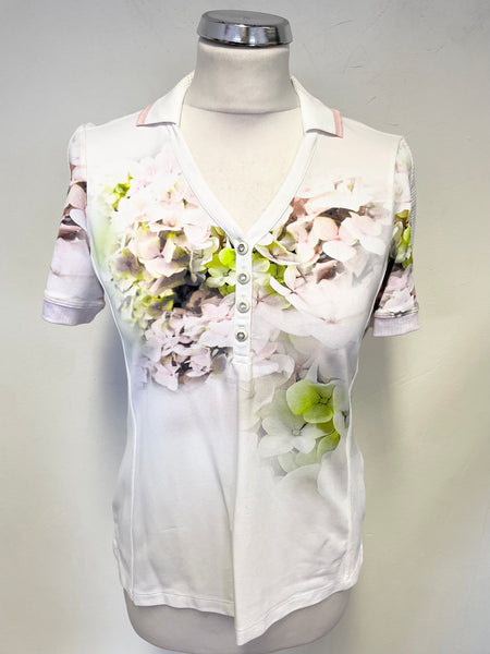 SPORTALM GOLF WHITE FLORAL PRINT COLLARED SHORT SLEEVE TOP SIZE 10