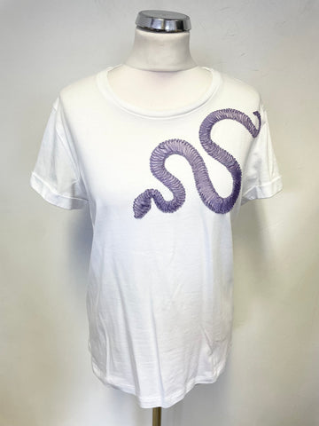 JUST CAVALLI WHITE LILAC SNAKE EMBOSSED SHORT SLEEVED T SHIRT SIZE S