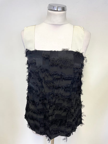 BEATRICE BLACK & IVORY FRINGED CUT OUT BACK STRAP TOP SIZE S