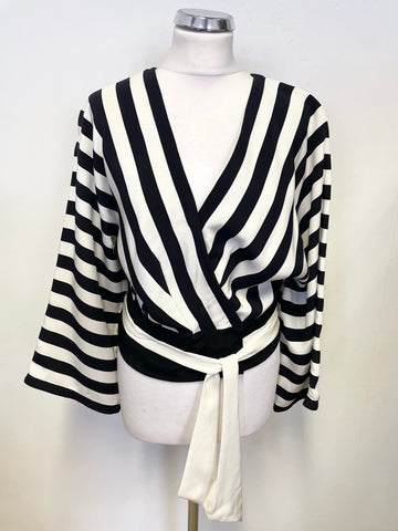 JAEGER 100% SILK BLACK & WHITE STRIPED WRAP TOP SIZE S