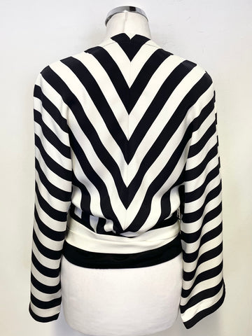 JAEGER 100% SILK BLACK & WHITE STRIPED WRAP TOP SIZE S