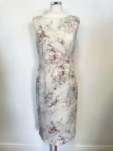 PHASE EIGHT IVORY & PINK/GREY MARBLED EFFECT SLEEVELESS PENCIL DRESS SIZE 14