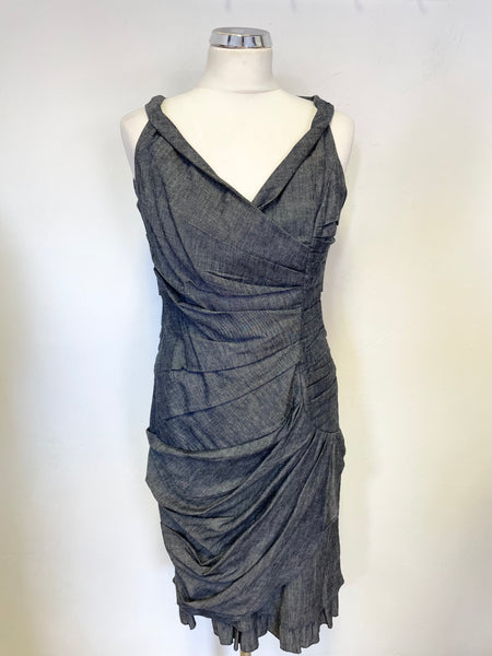 ADOLFO DOMINGUEZ DENIM GREY V NECK PLEAT DETAILED SLEEVELESS PENCIL DRESS SIZE 38 UK 10