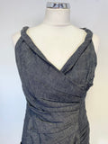 ADOLFO DOMINGUEZ DENIM GREY V NECK PLEAT DETAILED SLEEVELESS PENCIL DRESS SIZE 38 UK 10