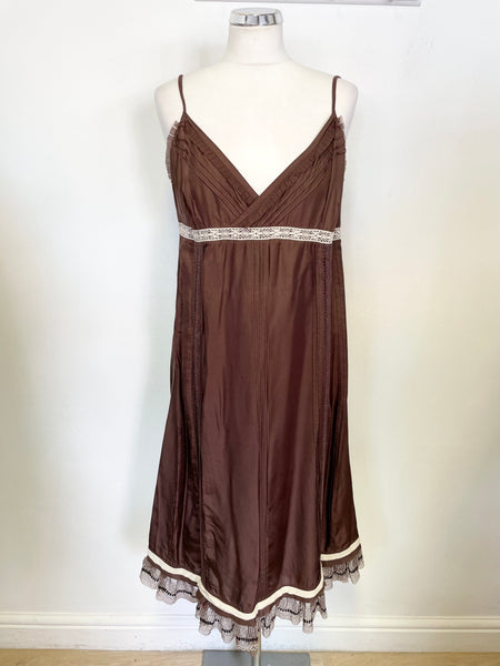 WHISTLES BROWN 100% SILK FINE STRAP A LINE DRESS SIZE 14