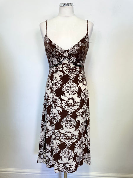 KAREN MILLEN BROWN & ECRU PRINT 100% SILK A-LINE DRESS SIZE 10