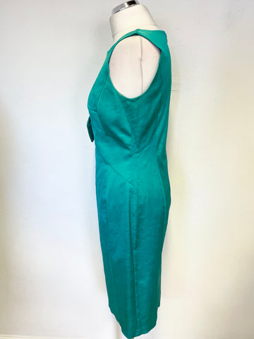 MARKS & SPENCER AUTOGRAPH JADE GREEN BOW TRIM SLEEVELESS PENCIL DRESS SIZE 12