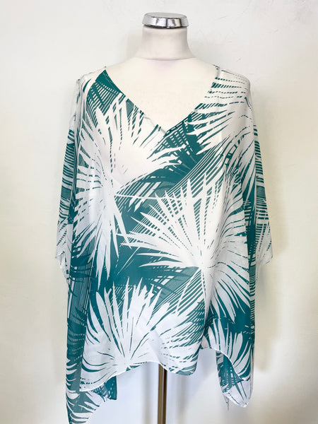 JAEGER 100% SILK GREEN & WHITE LEAF PRINT SHORT SLEEVE FLOATY LOOSE FIT TOP SIZE 18