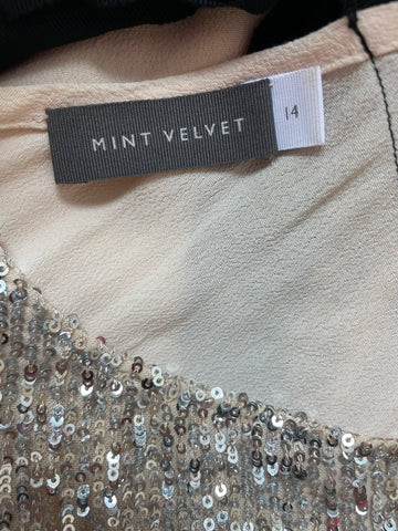 MINT VELVET NUDE & SILVER SEQUIN FRONT CAP SLEEVE TOP SIZE 14