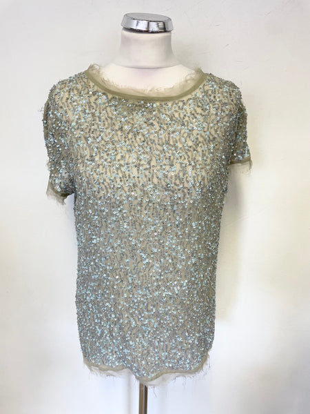 ALL SAINTS DISPEL TEE HAND EMBELLISHED GREY & AQUA SEQUIN SHORT SLEEVE TOP SIZE 14