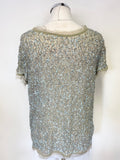 ALL SAINTS DISPEL TEE HAND EMBELLISHED GREY & AQUA SEQUIN SHORT SLEEVE TOP SIZE 14