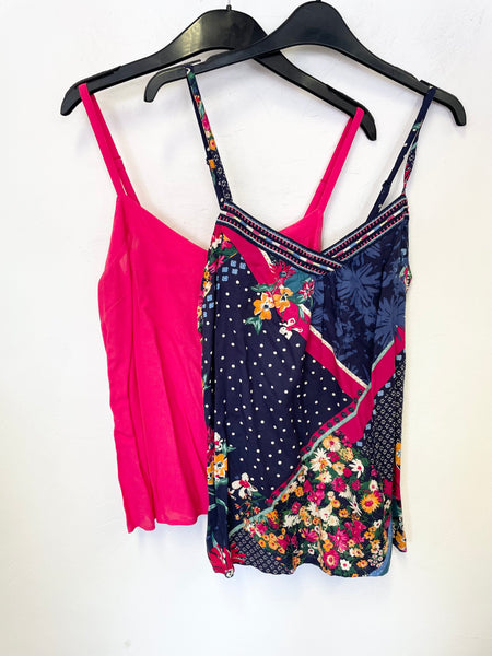 BRAND NEW 2 X MONSOON NAVY PRINT & BRIGHT PINK FINE STRAP CAMISOLE TOPS SIZE M