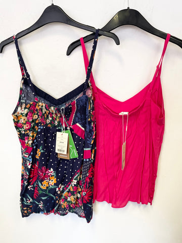 BRAND NEW 2 X MONSOON NAVY PRINT & BRIGHT PINK FINE STRAP CAMISOLE TOPS SIZE M