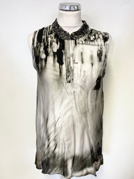 HAUBER BLACK & GREY PRINT SILK MIX SEQUINNED NECK SLEEVELESS TUNIC TOP SIZE 16