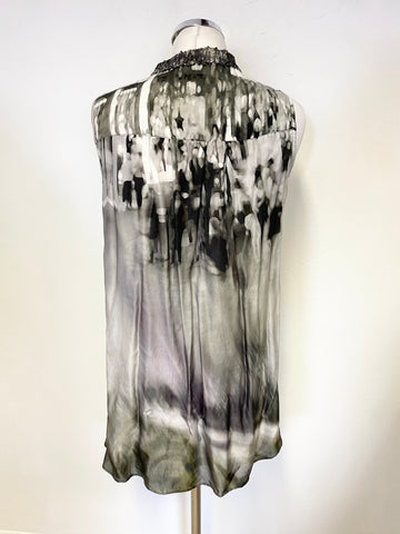 HAUBER BLACK & GREY PRINT SILK MIX SEQUINNED NECK SLEEVELESS TUNIC TOP SIZE 16