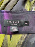 TED BAKER SILK GREEN,PURPLE & BLACK PRINT TIE WAIST TUNIC TOP SIZE 3 UK 12