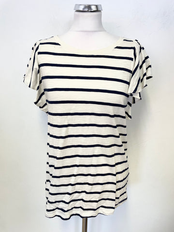 RALPH LAUREN IVORY & NAVY STRIPE FRILL SLEEVED T SHIRT TOP SIZE M