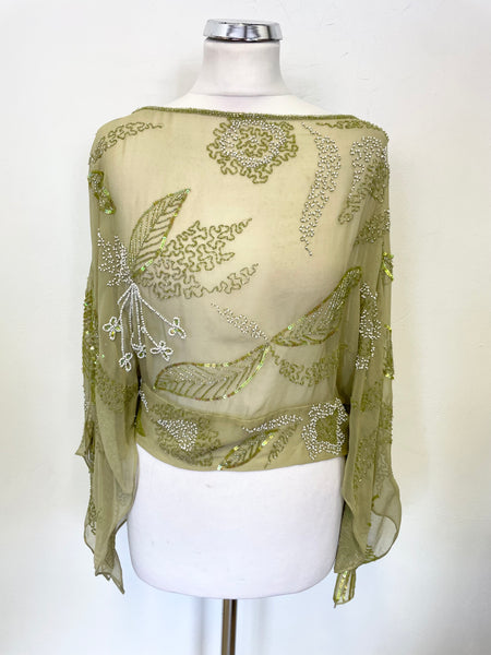 BRAND NEW AFTERSHOCK 100% SILK OLIVE GREEN BEAD & SEQUIN TRIMMED OVER TOP SIZE L