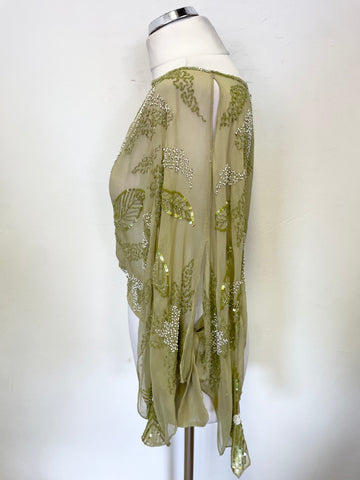 BRAND NEW AFTERSHOCK 100% SILK OLIVE GREEN BEAD & SEQUIN TRIMMED OVER TOP SIZE L