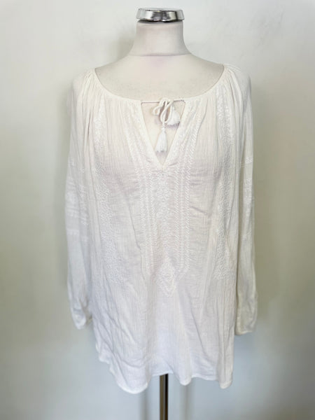 WHITE COMPANY WHITE CHEESECLOTH EMBROIDERED TIE NECK LONG SLEEVE TOP SIZE 12