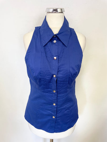 KAREN MILLEN ROYAL BLUE COLLARED SLEEVELESS FITTED TOP SIZE 10