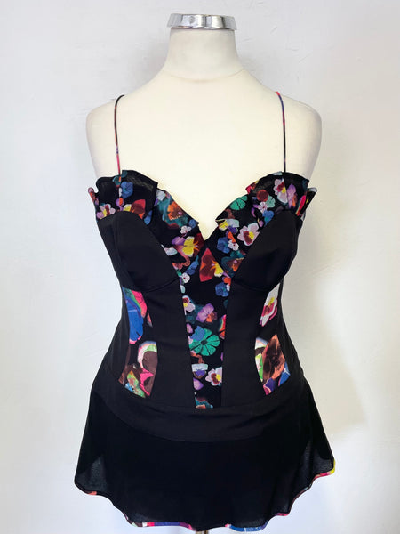 KAREN MILLEN BLACK & MULTI COLOURED FLORAL PRINT TRIM CORSET TOPSIZE 10