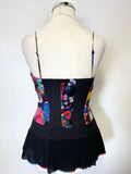 KAREN MILLEN BLACK & MULTI COLOURED FLORAL PRINT TRIM CORSET TOPSIZE 10