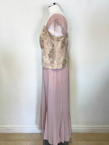 LUIS CIVIT DUSKY PINK & PALE GOLD BROCADE TOP, FITTED JACKET & LONG SKIRT OUTFIT SIZE 14