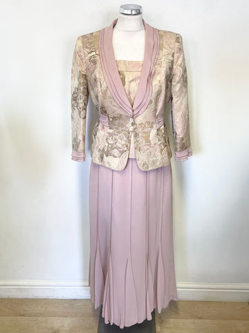 LUIS CIVIT DUSKY PINK & PALE GOLD BROCADE TOP, FITTED JACKET & LONG SKIRT OUTFIT SIZE 14