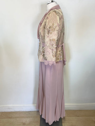 LUIS CIVIT DUSKY PINK & PALE GOLD BROCADE TOP, FITTED JACKET & LONG SKIRT OUTFIT SIZE 14